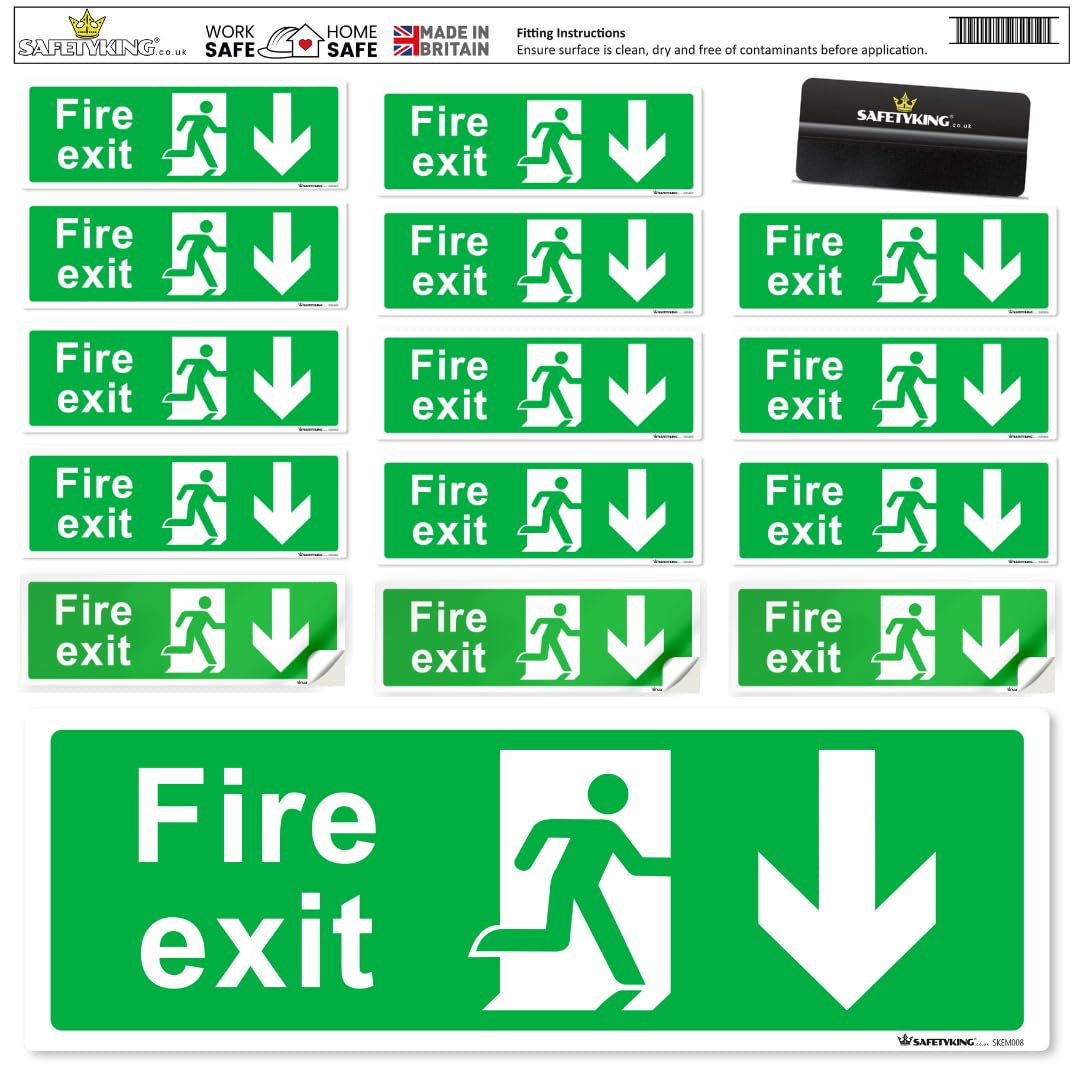 SAFETYKING® 16 Piece Fire Exit Signs | Running Man Down Fire Exit Sign | 30 cm x 10 cm Self Adhesive Sticker | Fire Exit Signs | Fire Exit Stickers | Fire Exit Safety Pack | Running Man Fire Exit Sign