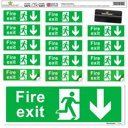 SAFETYKING® 16 Piece Fire Exit Signs | Running Man Down Fire Exit Sign | 30 cm x 10 cm Self Adhesive Sticker | Fire Exit Signs | Fire Exit Stickers | Fire Exit Safety Pack | Running Man Fire Exit Sign