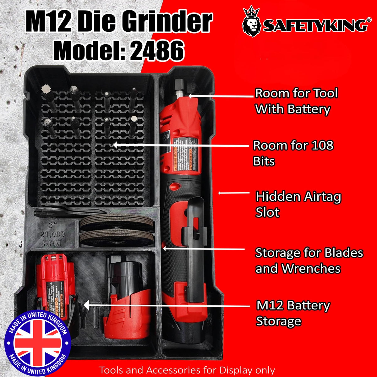SAFETYKING® M12 Fuel Die Grinder for Milwaukee Compact Packout Compatible With Milwaukee Packout Compact Box (48-22-8435) Precision Rigid Insert for Organizer (Insert Only, Tools & Box Not Included)