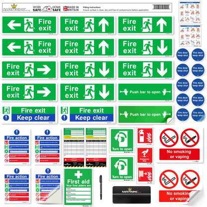 SAFETYKING® 33-Piece Fire Safety Signage Kit | Self-Adhesive Fire Exit Signs & Stickers | 30cm x 10cm | Keep Clear Sign