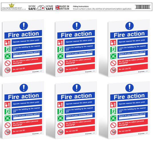 SAFETYKING® 6 pcs Fire Action Notice 1mm PVC Signs -L 20cm x W 15cm x H 1mm | Fire Action Notice | Fire Action Sign | Fire Action Stickers | Fire Stickers | Fire Safety Signs