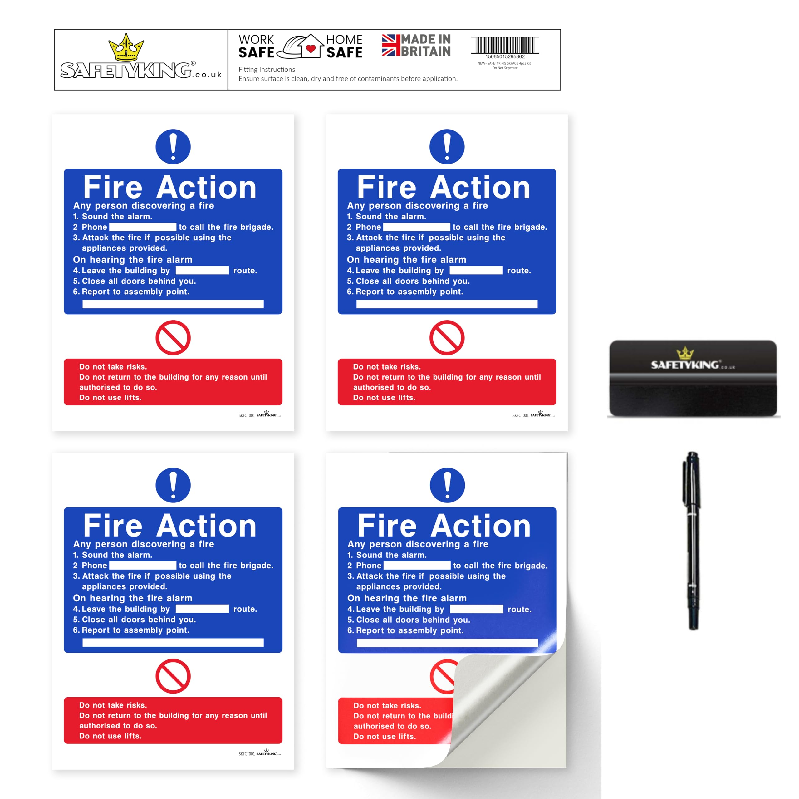 SAFETYKING® FIRE ACTION STICKER KIT - 4 Piece Set with Squeegee and Marker Pen | Fire Action Notice | Fire Action Sign | Fire Action Stickers | Fire Stickers