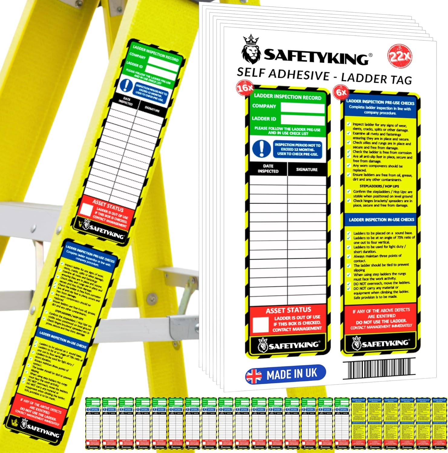 SAFETYKING® Ladder Tag Stickers. 22 Pack - 15cm x 5cm Self Adhesive Weatherproof Vinyl Labels for Safety & Maintenance Checks - Compatable With SAFETYKING Ladder Tag Holders - Made in the UK