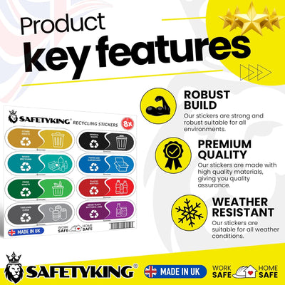 SAFETYKING® Recycling Stickers for Bins – 8pcs Vinyl Waste Self Adhesive Bin Labels, 15x6cm, Colour Coded Bin Stickers for Recycling & General Waste for use in Home, School, Office – Made in The UK