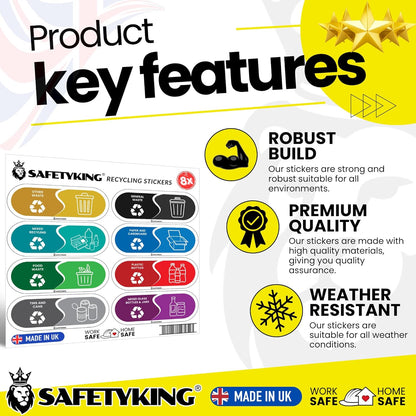 SAFETYKING® Recycling Stickers for Bins – 8pcs Vinyl Waste Self Adhesive Bin Labels, 15x6cm, Colour Coded Bin Stickers for Recycling & General Waste for use in Home, School, Office – Made in The UK