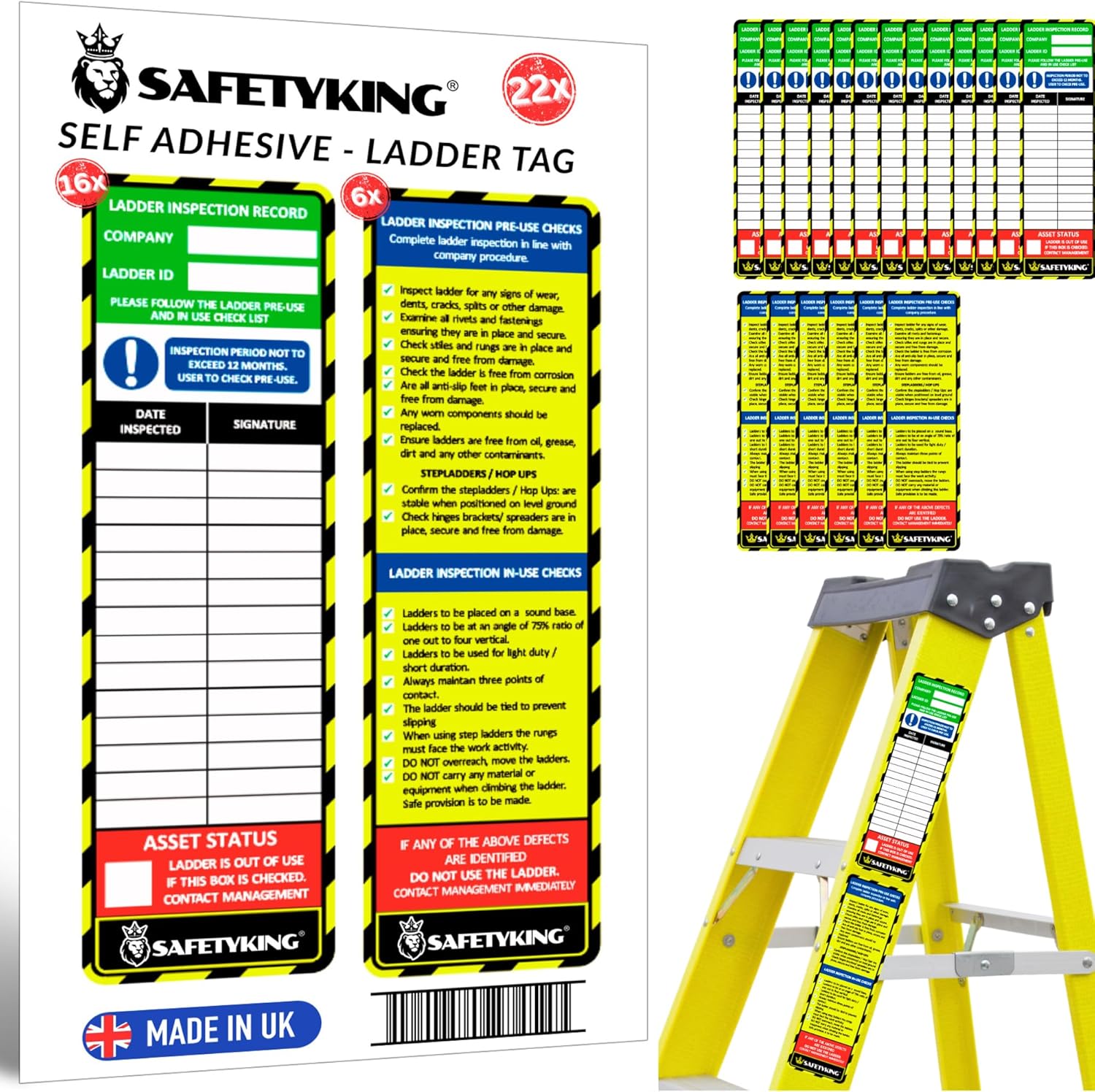 SAFETYKING® Ladder Tag Stickers. 22 Pack - 15cm x 5cm Self Adhesive Weatherproof Vinyl Labels for Safety & Maintenance Checks - Compatable With SAFETYKING Ladder Tag Holders - Made in the UK