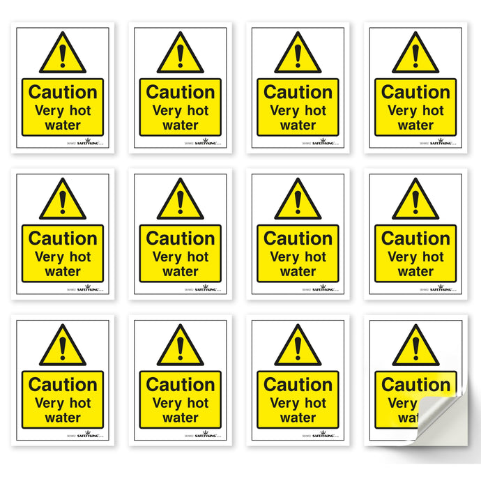 SAFETYKING® 12 x Caution Hot Water Stickers 68mm Diameter | Rectangle Caution Very Hot Water Stickers | Caution Hot Water Signs | Caution Hot Very Hot Water Signs | Hot Water Sticker