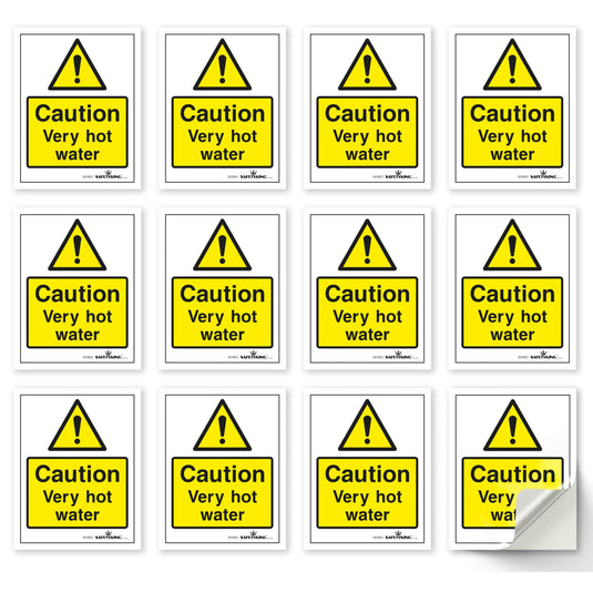 SAFETYKING® 12 x Caution Hot Water Stickers 68mm Diameter | Rectangle Caution Very Hot Water Stickers | Caution Hot Water Signs | Caution Hot Very Hot Water Signs | Hot Water Sticker