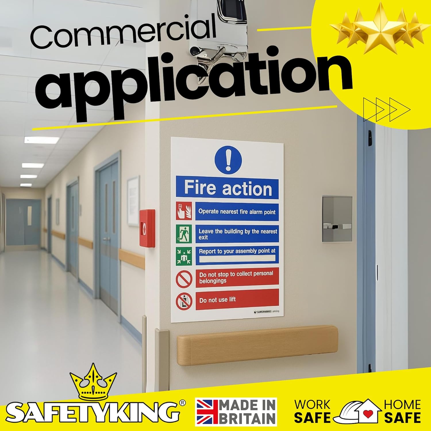 SAFETYKING® Fire Action Signs (6 Pack) 200mm x 150mm, Self Adhesive Vinyl Fire Action Notice Stickers, 20cm x 15cm, Safety Signage for Commercial and Public Spaces. BS-5499 Compliant, Made in UK.