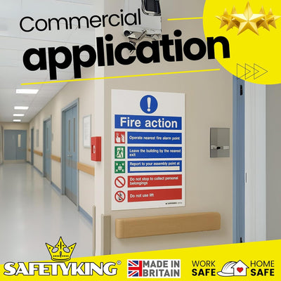 SAFETYKING® Fire Action Signs (6 Pack) 200mm x 150mm, Self Adhesive Vinyl Fire Action Notice Stickers, 20cm x 15cm, Safety Signage for Commercial and Public Spaces. BS-5499 Compliant, Made in UK.