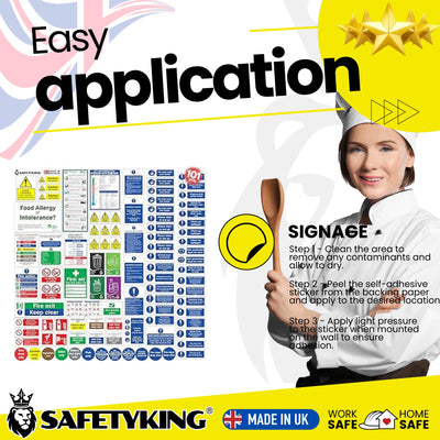 SAFETYKING 75pcs Kitchen Safety Signs & Food Hygiene Stickers, Food Safety Stickers - Self-Adhesive Vinyl Safety Labels for Kitchens, Made in the UK for Hygiene & Compliance