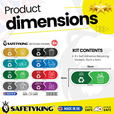 SAFETYKING® Recycling Stickers for Bins – 8pcs Vinyl Waste Self Adhesive Bin Labels, 15x6cm, Colour Coded Bin Stickers for Recycling & General Waste for use in Home, School, Office – Made in The UK