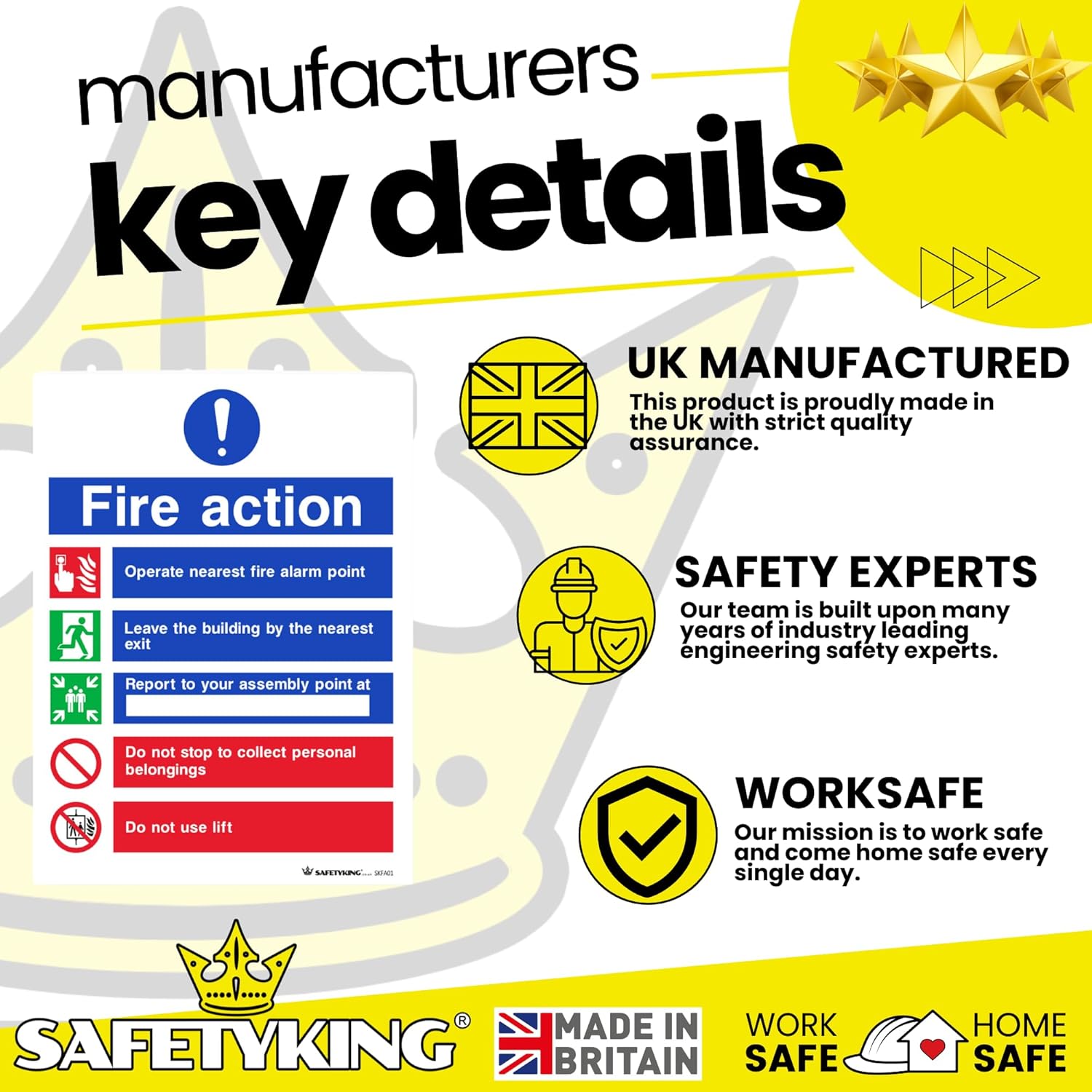 SAFETYKING® Fire Action Signs (6 Pack) 200mm x 150mm, Self Adhesive Vinyl Fire Action Notice Stickers, 20cm x 15cm, Safety Signage for Commercial and Public Spaces. BS-5499 Compliant, Made in UK.