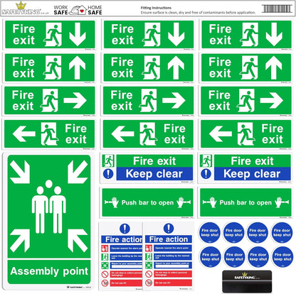 SAFETYKING® 28 Piece Fire Safety Kit | Self Adhesive Stickers | Fire Exit, Keep Clear Signs