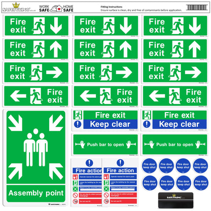 SAFETYKING® 28 Piece Fire Safety Kit | Self Adhesive Stickers | Fire Exit, Keep Clear Signs
