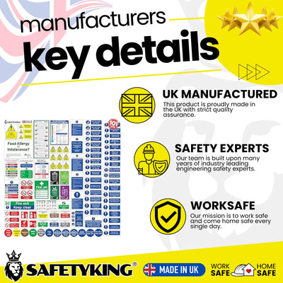 SAFETYKING 75pcs Kitchen Safety Signs & Food Hygiene Stickers, Food Safety Stickers - Self-Adhesive Vinyl Safety Labels for Kitchens, Made in the UK for Hygiene & Compliance