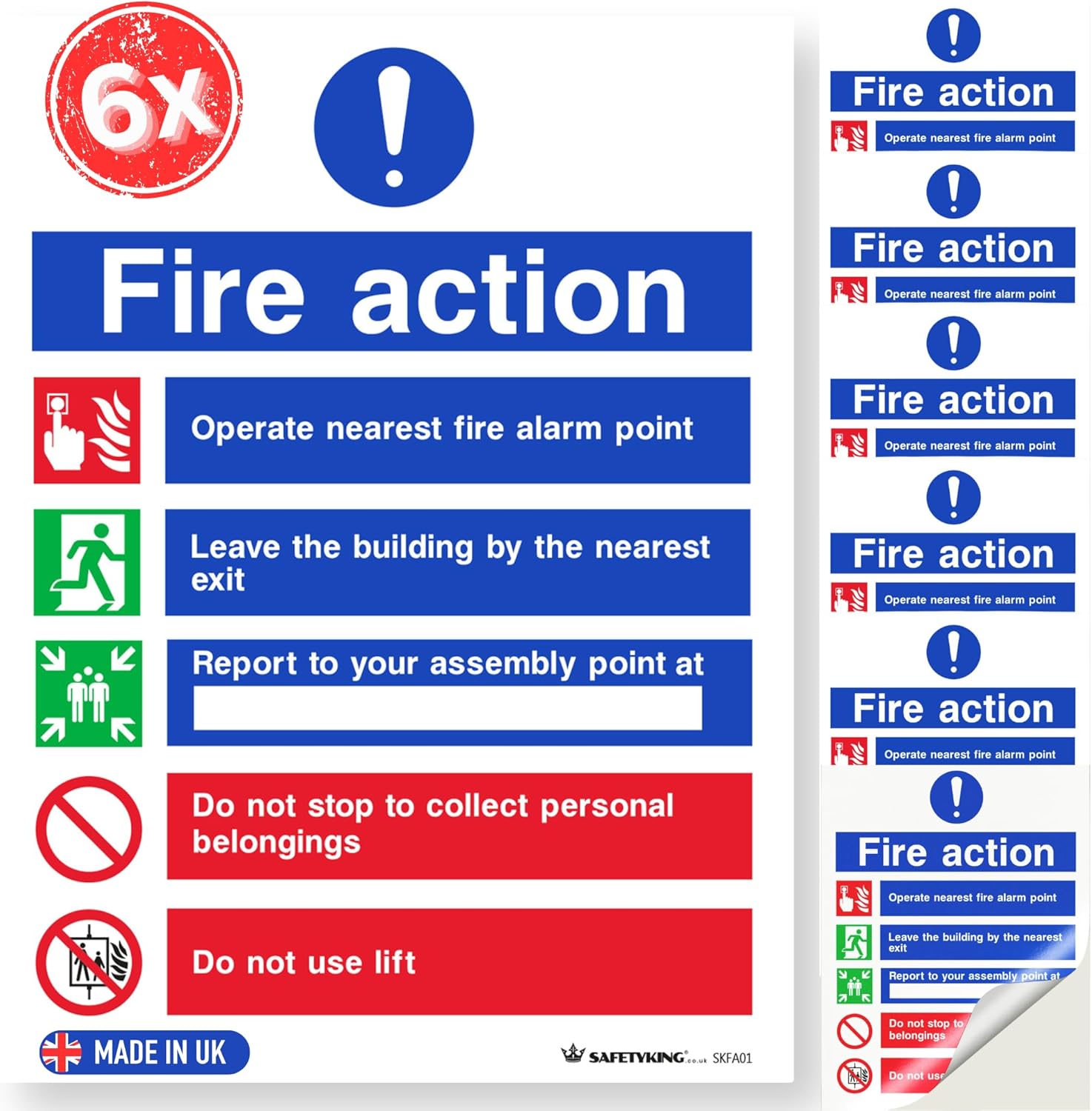 SAFETYKING® Fire Action Signs (6 Pack) 200mm x 150mm, Self Adhesive Vinyl Fire Action Notice Stickers, 20cm x 15cm, Safety Signage for Commercial and Public Spaces. BS-5499 Compliant, Made in UK.