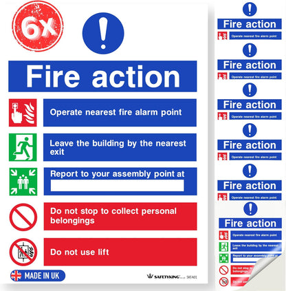 SAFETYKING® Fire Action Signs (6 Pack) 200mm x 150mm, Self Adhesive Vinyl Fire Action Notice Stickers, 20cm x 15cm, Safety Signage for Commercial and Public Spaces. BS-5499 Compliant, Made in UK.