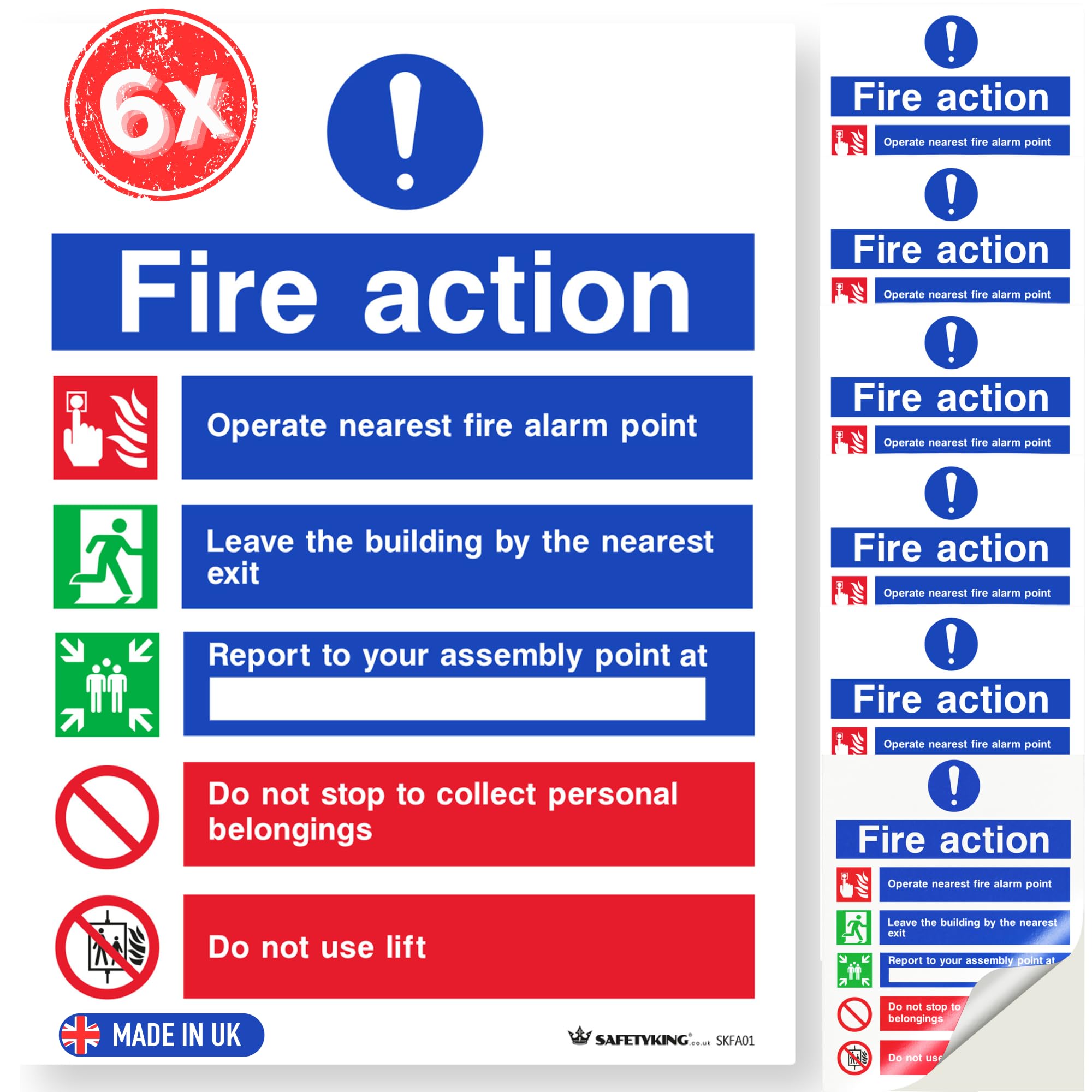 SAFETYKING® Fire Action Signs (6 Pack) 200mm x 150mm, Self Adhesive Vinyl Fire Action Notice Stickers, 20cm x 15cm, Safety Signage for Commercial and Public Spaces. BS-5499 Compliant, Made in UK.