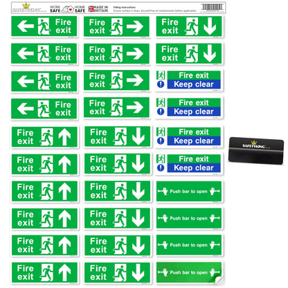 SAFETYKING® 32 Piece Fire Exit Signage kit 30cm x 10cm | Self Adhesive Stickers | Fire Exit Signs | Fire Exit Stickers | Fire Exit Safety Pack | Fire Exit Keep Clear sign | Running Man Fire Exit Signs