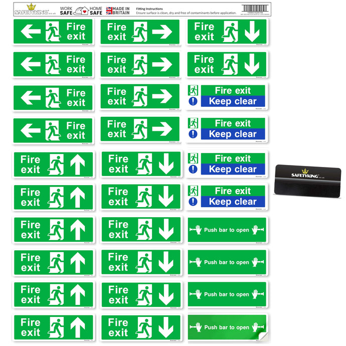 SAFETYKING® 32 Piece Fire Exit Signage kit 30cm x 10cm | Self Adhesive Stickers | Fire Exit Signs | Fire Exit Stickers | Fire Exit Safety Pack | Fire Exit Keep Clear sign | Running Man Fire Exit Signs