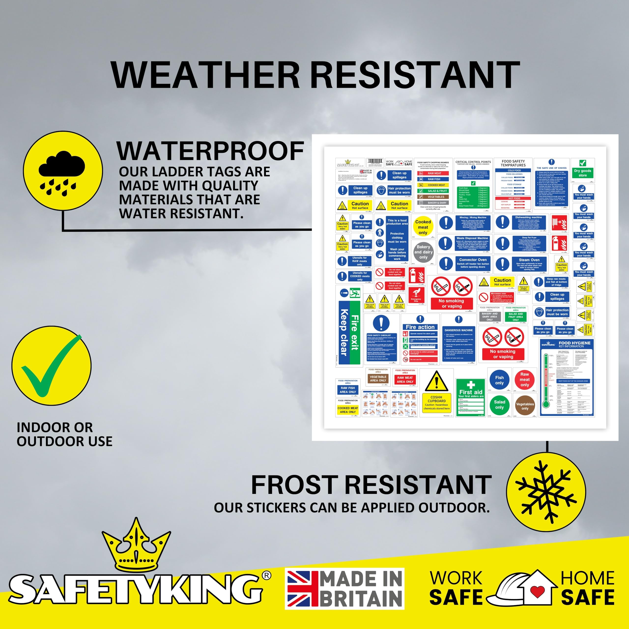 SAFETYKING® 75pcs Kitchen Safety Signs & Food Hygiene Stickers | Self-Adhesive Vinyl Safety Labels for Kitchens | HACCP Compliant, Made in the UK.