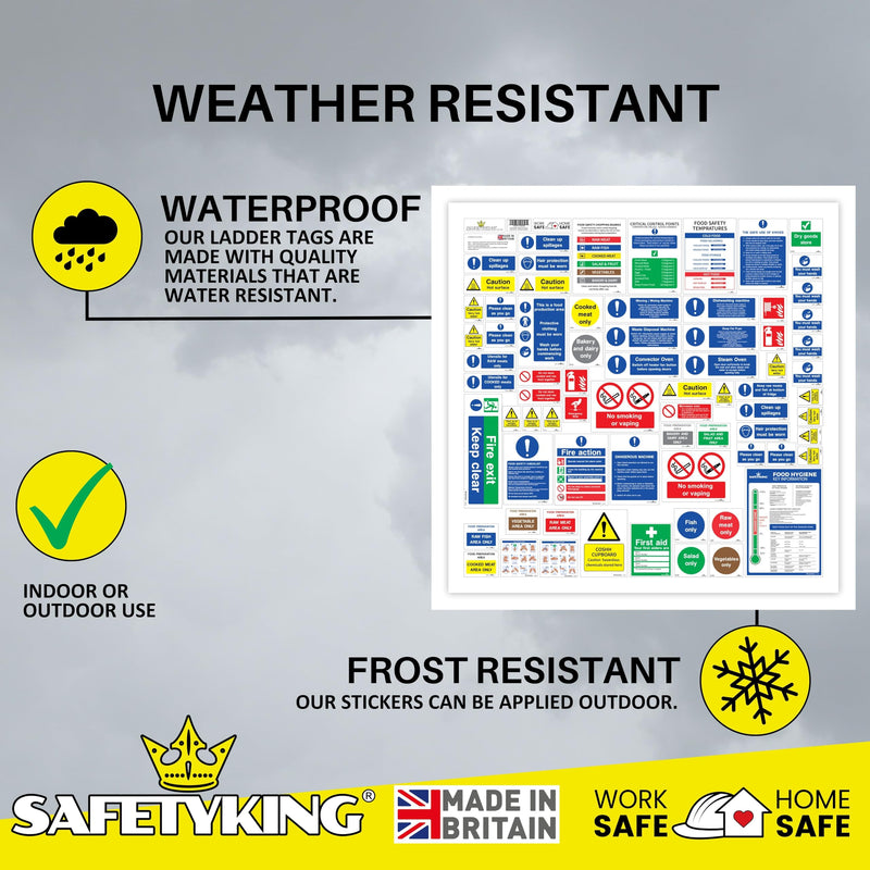 Load image into Gallery viewer, SAFETYKING® 75 Piece Kitchen Safety Signs plus squeegee to install | Kitchen Safety Signage Kit | Kitchen Sign | Kitchen Signs | Kitchen Stickers | Kitchen hygiene Signs | Food hygiene stickers
