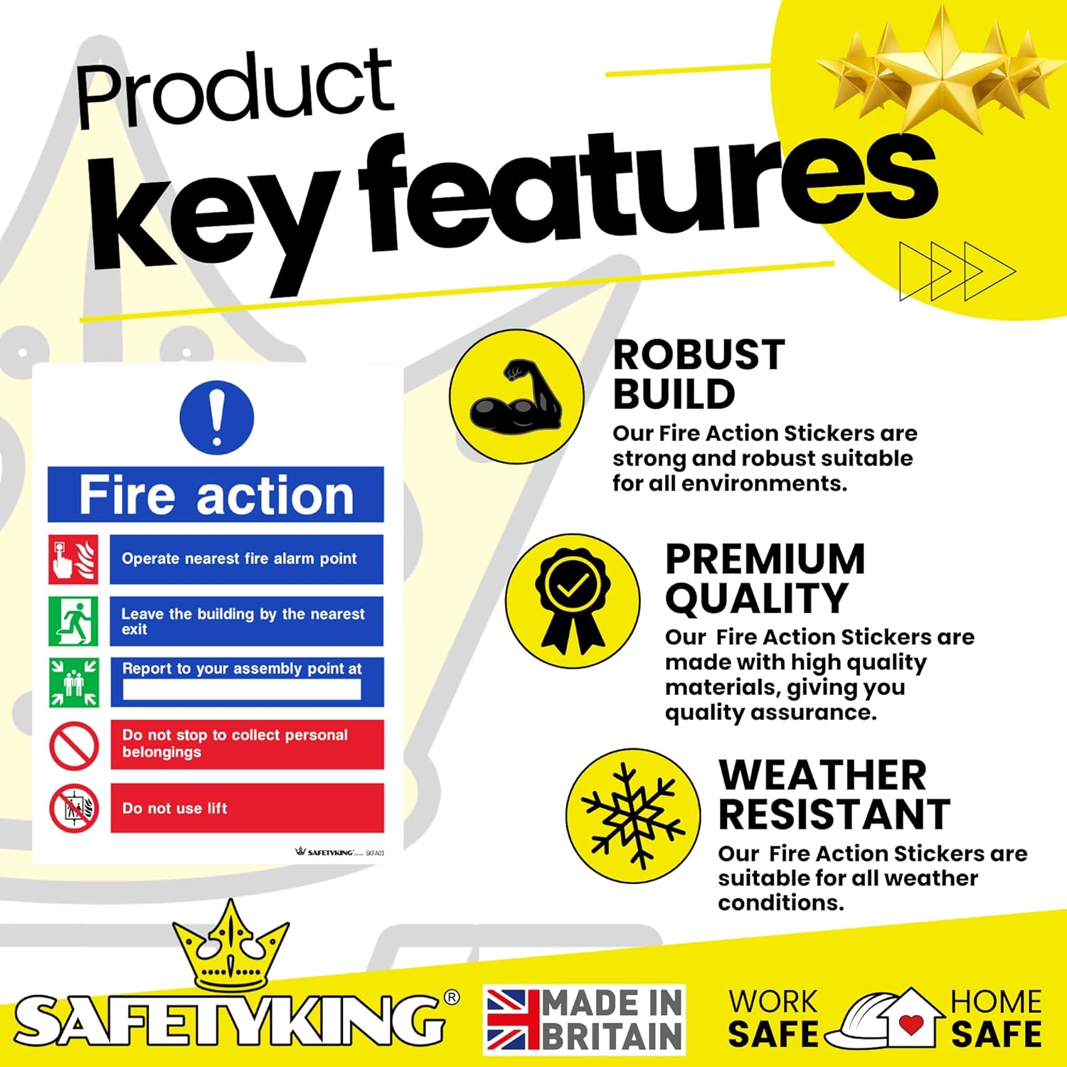 SAFETYKING® Fire Action Signs (6 Pack) 200mm x 150mm, Self Adhesive Vinyl Fire Action Notice Stickers, 20cm x 15cm, Safety Signage for Commercial and Public Spaces. BS-5499 Compliant, Made in UK.