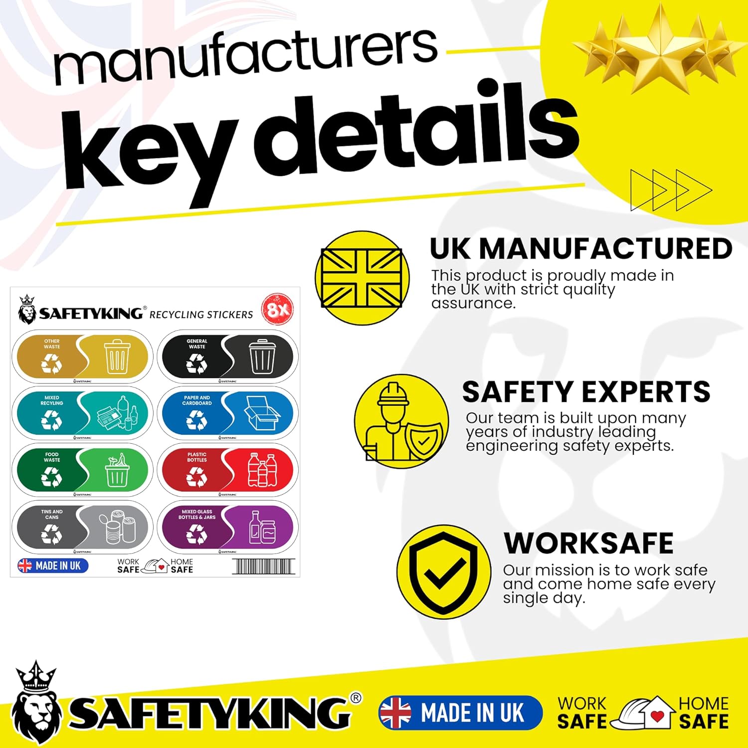 SAFETYKING® Recycling Stickers for Bins – 8pcs Vinyl Waste Self Adhesive Bin Labels, 15x6cm, Colour Coded Bin Stickers for Recycling & General Waste for use in Home, School, Office – Made in The UK