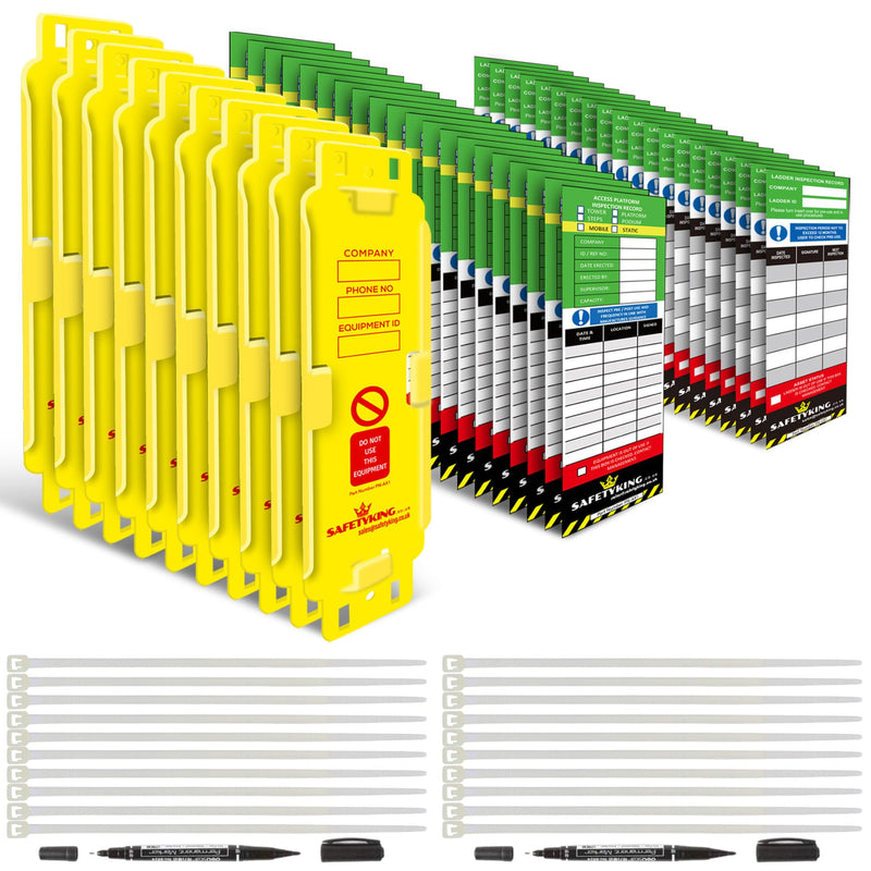 Load image into Gallery viewer, SAFETYKING® Ladder Tags 10 Holders 40 Inserts | Access Inspection Tag | Ladder Tag kit with cable ties and markers | Laddertag | Laddertags | Ladder Tag | Ladder Inspection Tag | Ladder Inspection Kit
