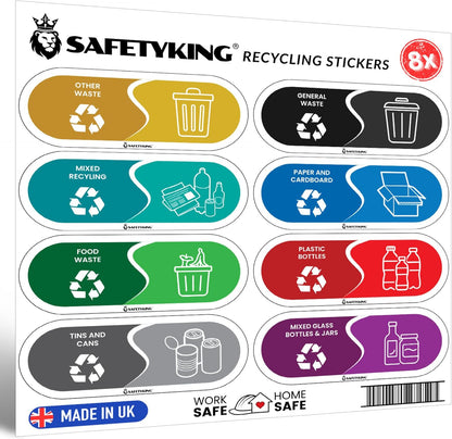 SAFETYKING® Recycling Stickers for Bins – 8pcs Vinyl Waste Self Adhesive Bin Labels, 15x6cm, Colour Coded Bin Stickers for Recycling & General Waste for use in Home, School, Office – Made in The UK