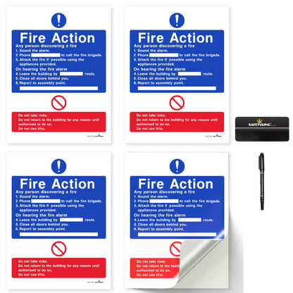 SAFETYKING® FIRE ACTION STICKER KIT - 4 Piece Set with Squeegee and Marker Pen | Fire Action Notice | Fire Action Sign | Fire Action Stickers | Fire Stickers