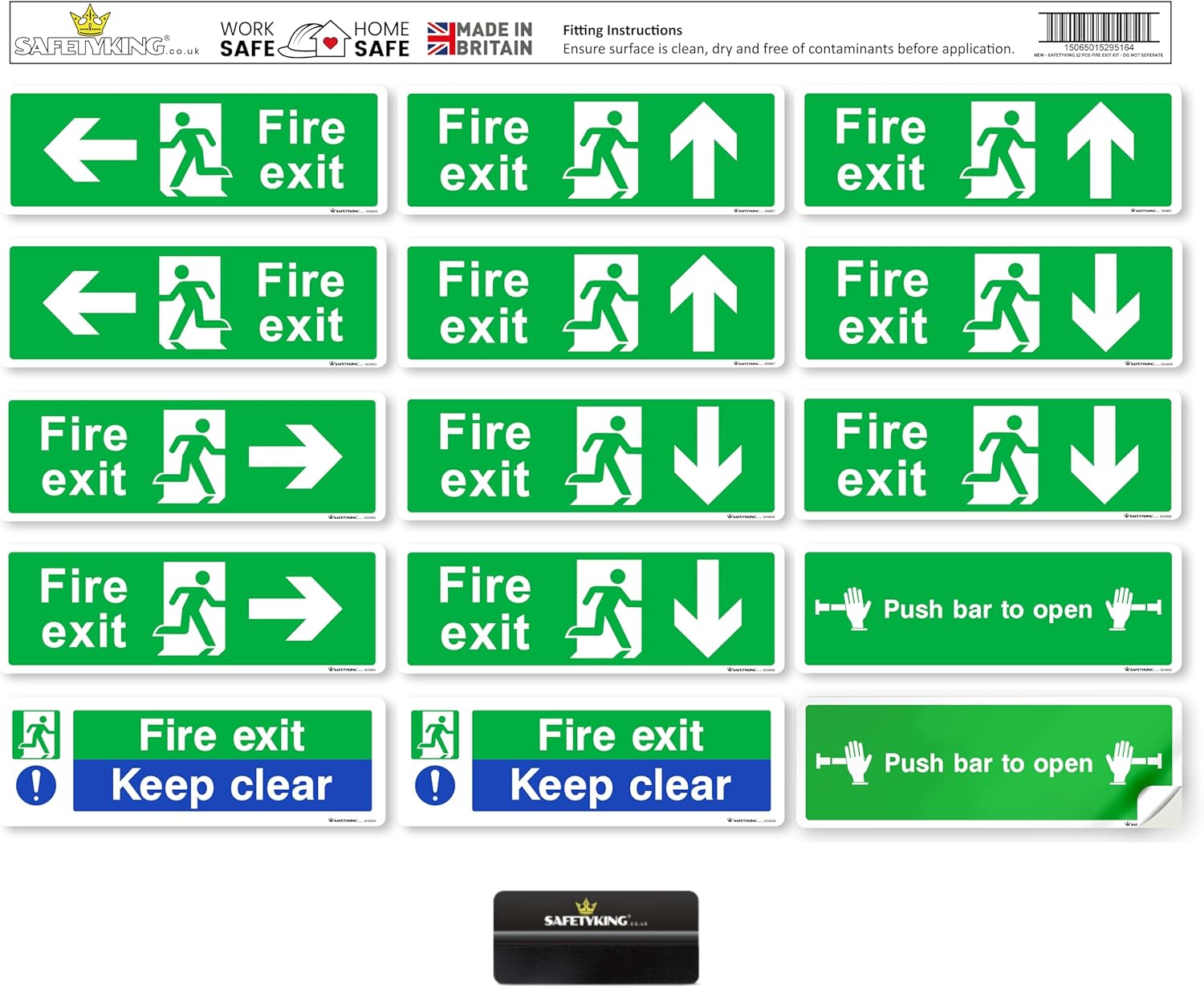 SAFETYKING® 16 Piece Fire Exit Signage kit 30cm x 10cm | Self Adhesive
