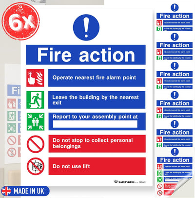 SAFETYKING® Fire Action Signs (6 Pack) 200mm x 150mm, Self Adhesive Vinyl Fire Action Notice Stickers, 20cm x 15cm, Safety Signage for Commercial and Public Spaces. BS-5499 Compliant, Made in UK.
