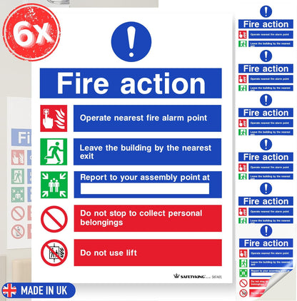 SAFETYKING® Fire Action Signs (6 Pack) 200mm x 150mm, Self Adhesive Vinyl Fire Action Notice Stickers, 20cm x 15cm, Safety Signage for Commercial and Public Spaces. BS-5499 Compliant, Made in UK.