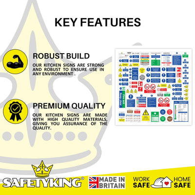 SAFETYKING® 75pcs Kitchen Safety Signs & Food Hygiene Stickers | Self-Adhesive Vinyl Safety Labels for Kitchens | HACCP Compliant, Made in the UK.