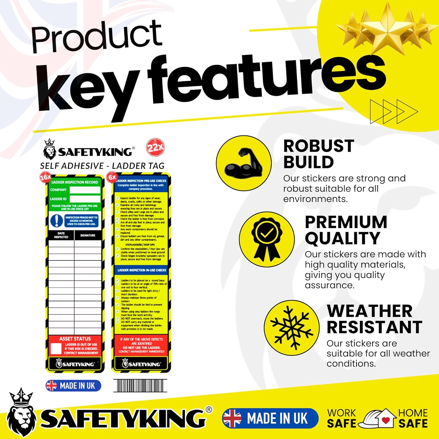 SAFETYKING® Ladder Tag Stickers. 22 Pack - 15cm x 5cm Self Adhesive Weatherproof Vinyl Labels for Safety & Maintenance Checks - Compatable With SAFETYKING Ladder Tag Holders - Made in the UK