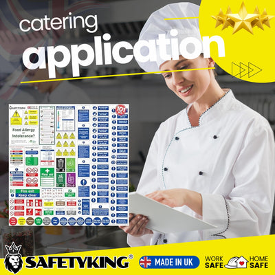 SAFETYKING 75pcs Kitchen Safety Signs & Food Hygiene Stickers, Food Safety Stickers - Self-Adhesive Vinyl Safety Labels for Kitchens, Made in the UK for Hygiene & Compliance