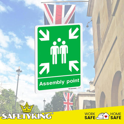 SAFETYKING® 4 pcs Fire Assembly Point Sign 1mm Rigid PVC Signs -L 30cm x W 20cm x H 1mm, Fire Assembly Point, Fire Evacuation Sign, Fire Assembly Point Sign Outdoor, Durable Fire Safe Signs.