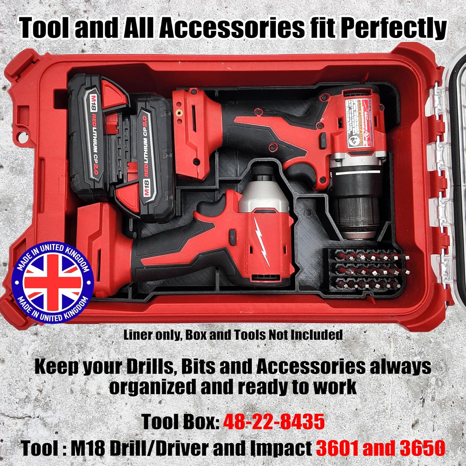 Milwaukee Packout Compatible Liner Organiser for Packout Compact Box (48-22-8435) – Precision Rigid Insert for M18 Drill Driver Organizer (Insert Only, Tools & Box Not Included)