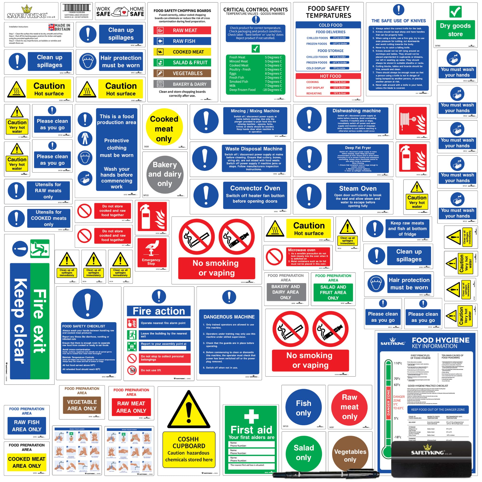 SAFETYKING® 75pcs Kitchen Safety Signs & Food Hygiene Stickers | Self-Adhesive Vinyl Safety Labels for Kitchens | HACCP Compliant, Made in the UK.