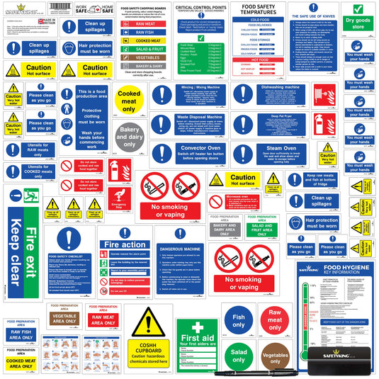 SAFETYKING® 75 Piece Kitchen Safety Signs plus squeegee to install | Kitchen Safety Signage Kit | Kitchen Sign | Kitchen Signs | Kitchen Stickers | Kitchen hygiene Signs | Food hygiene stickers