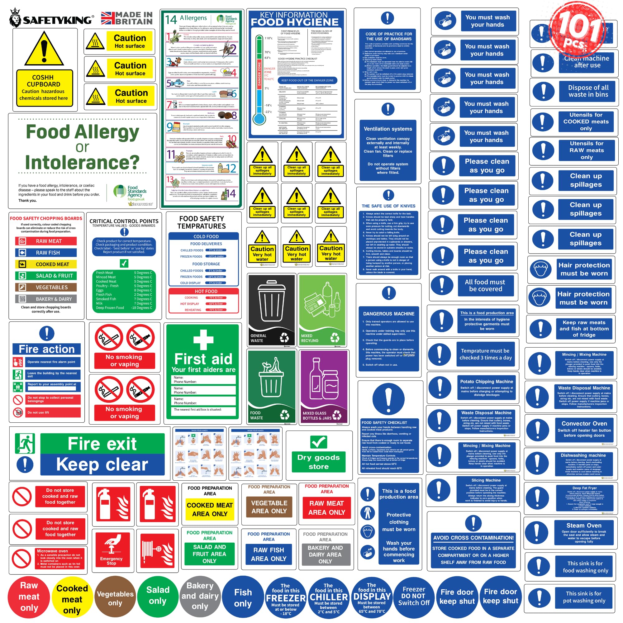 SAFETYKING 75pcs Kitchen Safety Signs & Food Hygiene Stickers, Food Safety Stickers - Self-Adhesive Vinyl Safety Labels for Kitchens, Made in the UK for Hygiene & Compliance