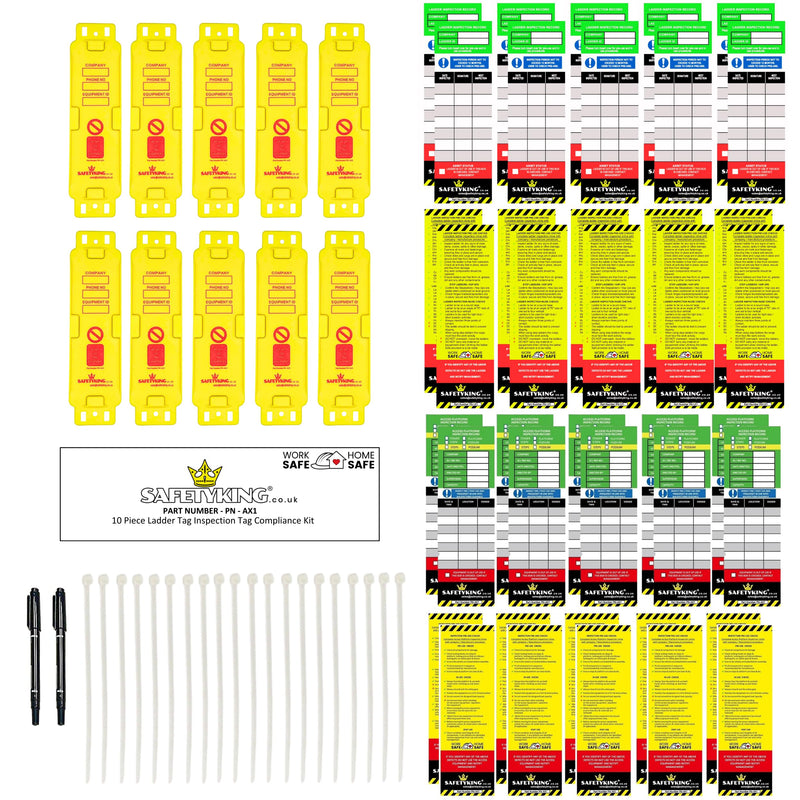 Load image into Gallery viewer, SAFETYKING® Ladder Tags 10 Holders 40 Inserts | Access Inspection Tag | Ladder Tag kit with cable ties and markers | Laddertag | Laddertags | Ladder Tag | Ladder Inspection Tag | Ladder Inspection Kit
