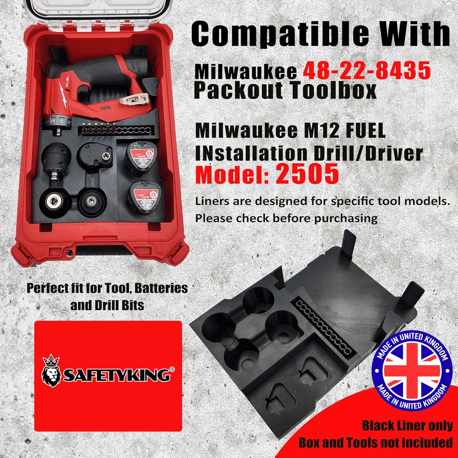 Milwaukee Packout Compatible Liner Organiser for Packout Compact Box (48-22-8435) – Precision Rigid Insert for M12 FUEL Installation Drill & Accessories (Insert Only, Tools & Box Not Included) UK Made