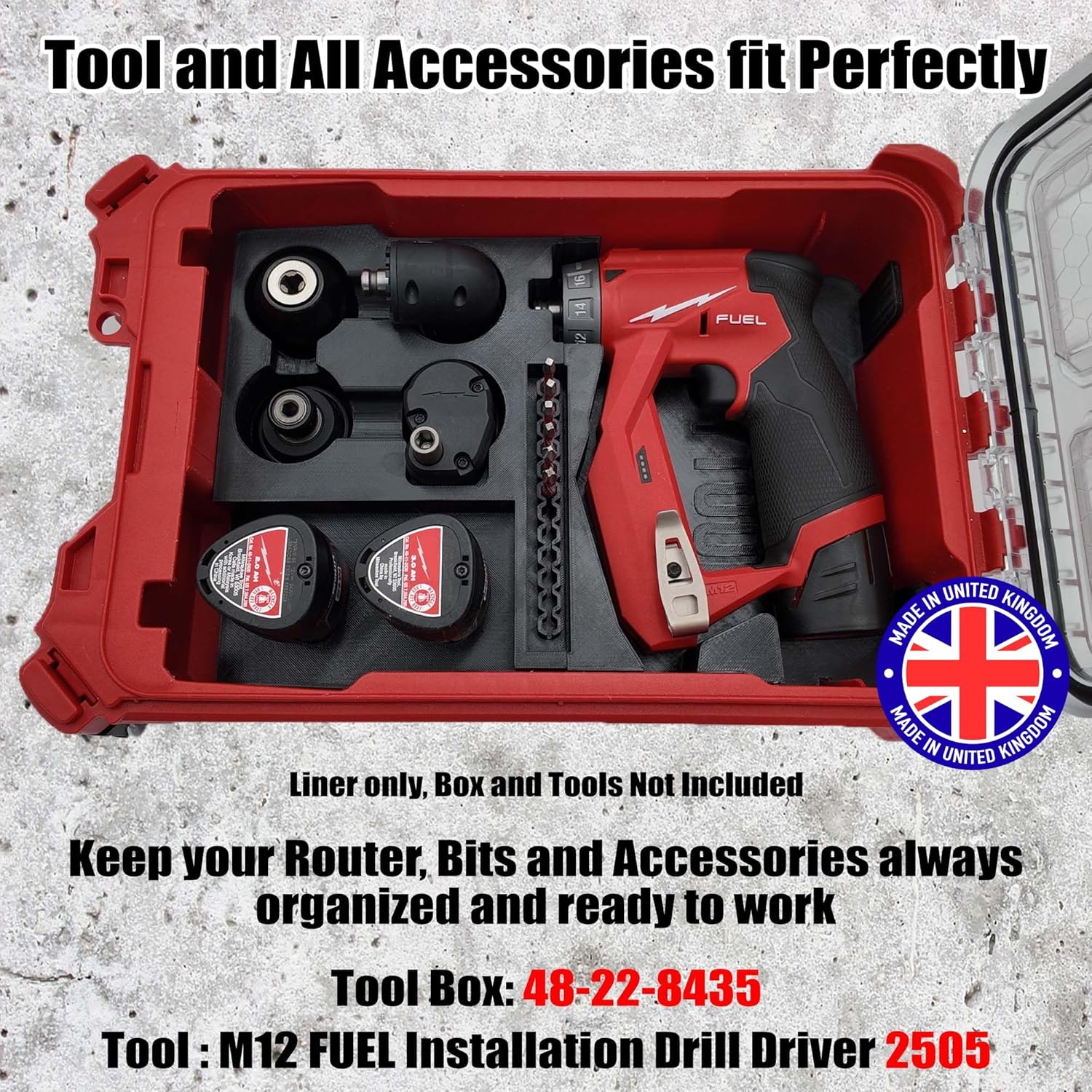 Milwaukee Packout Compatible Liner Organiser for Packout Compact Box (48-22-8435) – Precision Rigid Insert for M12 FUEL Installation Drill & Accessories (Insert Only, Tools & Box Not Included) UK Made