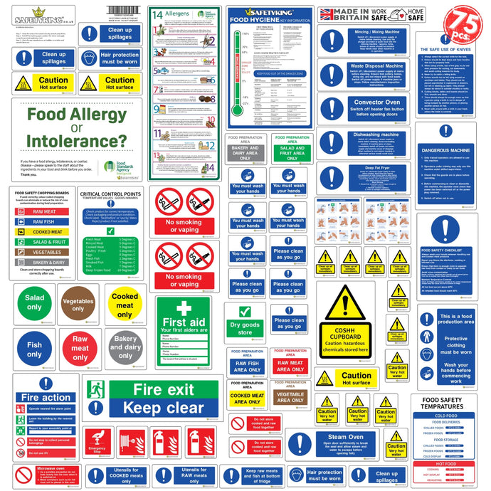 SAFETYKING® 75pcs Kitchen Safety Signs & Food Hygiene Stickers | Self-Adhesive Vinyl Safety Labels for Kitchens | HACCP Compliant, Made in the UK.