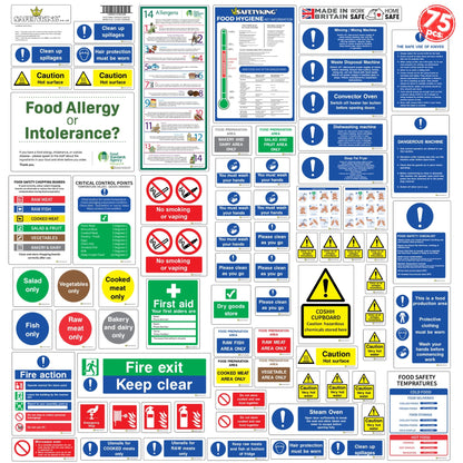 SAFETYKING 75pcs Kitchen Safety Signs & Food Hygiene Stickers, Food Safety Stickers - Self-Adhesive Vinyl Safety Labels for Kitchens, Made in the UK for Hygiene & Compliance