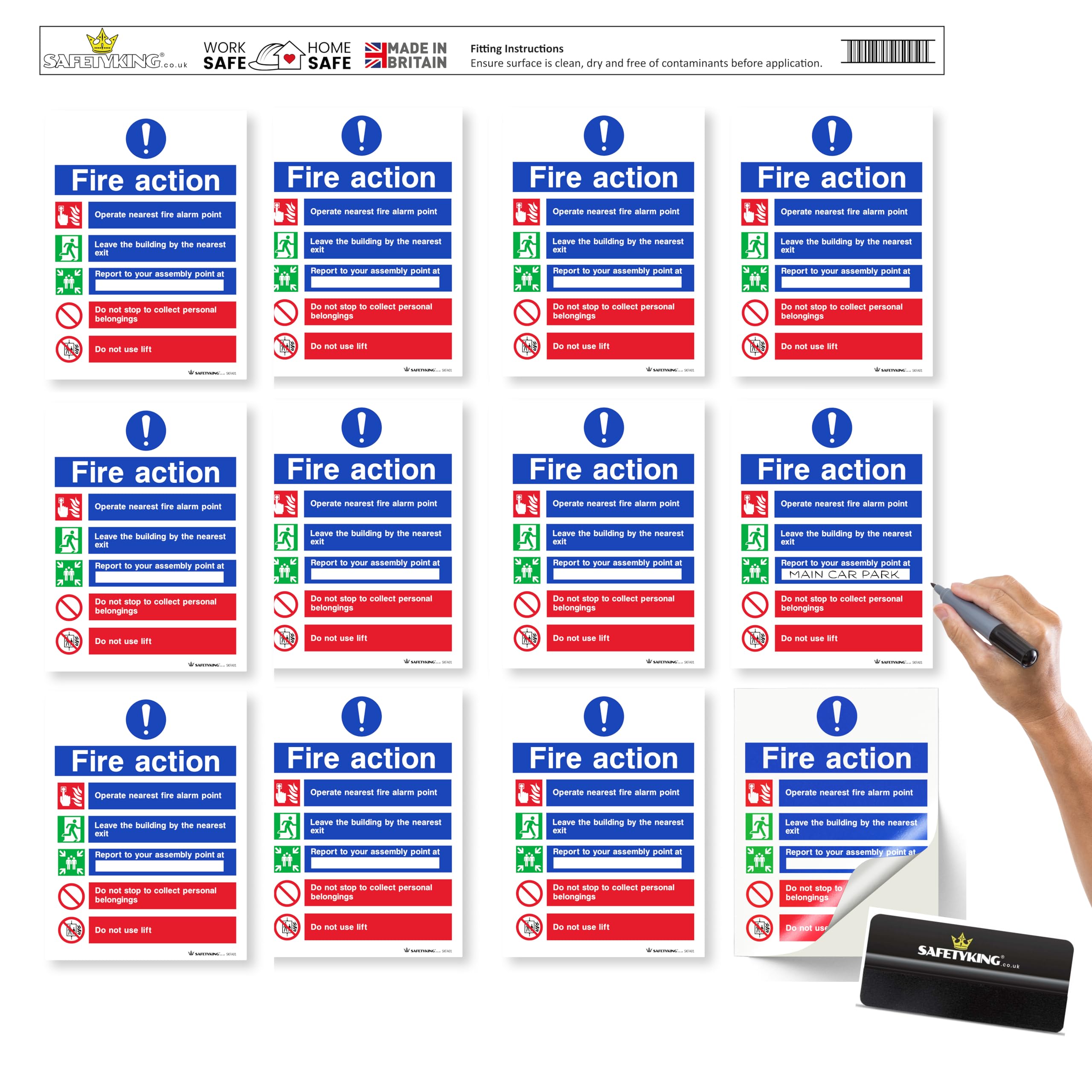 SAFETYKING® FIRE ACTION STICKER KIT - 12 Piece Set with Squeegee and Marker Pen | Fire Action Notice | Fire Action Sign | Fire Action Stickers | Fire Stickers