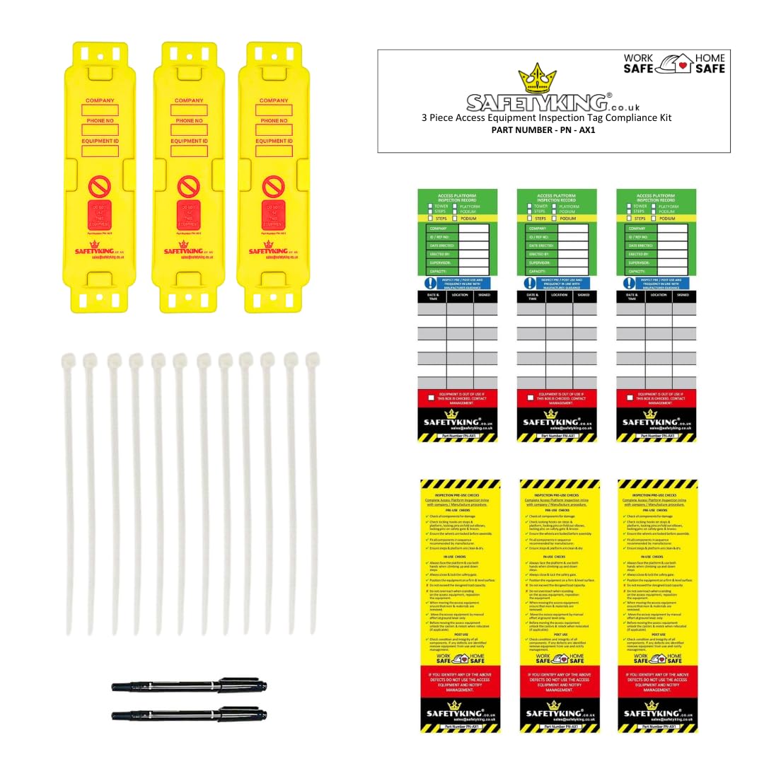 SAFETYKING® | Access Platform Inspection Tag 3 Holders - 6 Inserts | Access Equipment Tag Kit | Robust Access Equipment Tag | Access Equipment Inspection Tag | Podium Record